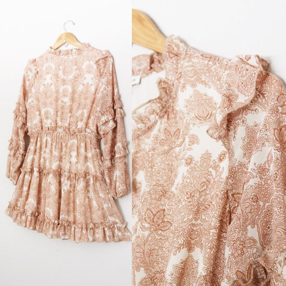 Moon River Women's M Paisley Print Tan Beige Tiered Ruffle Boho Mini Dress $118 - Picture 14 of 16